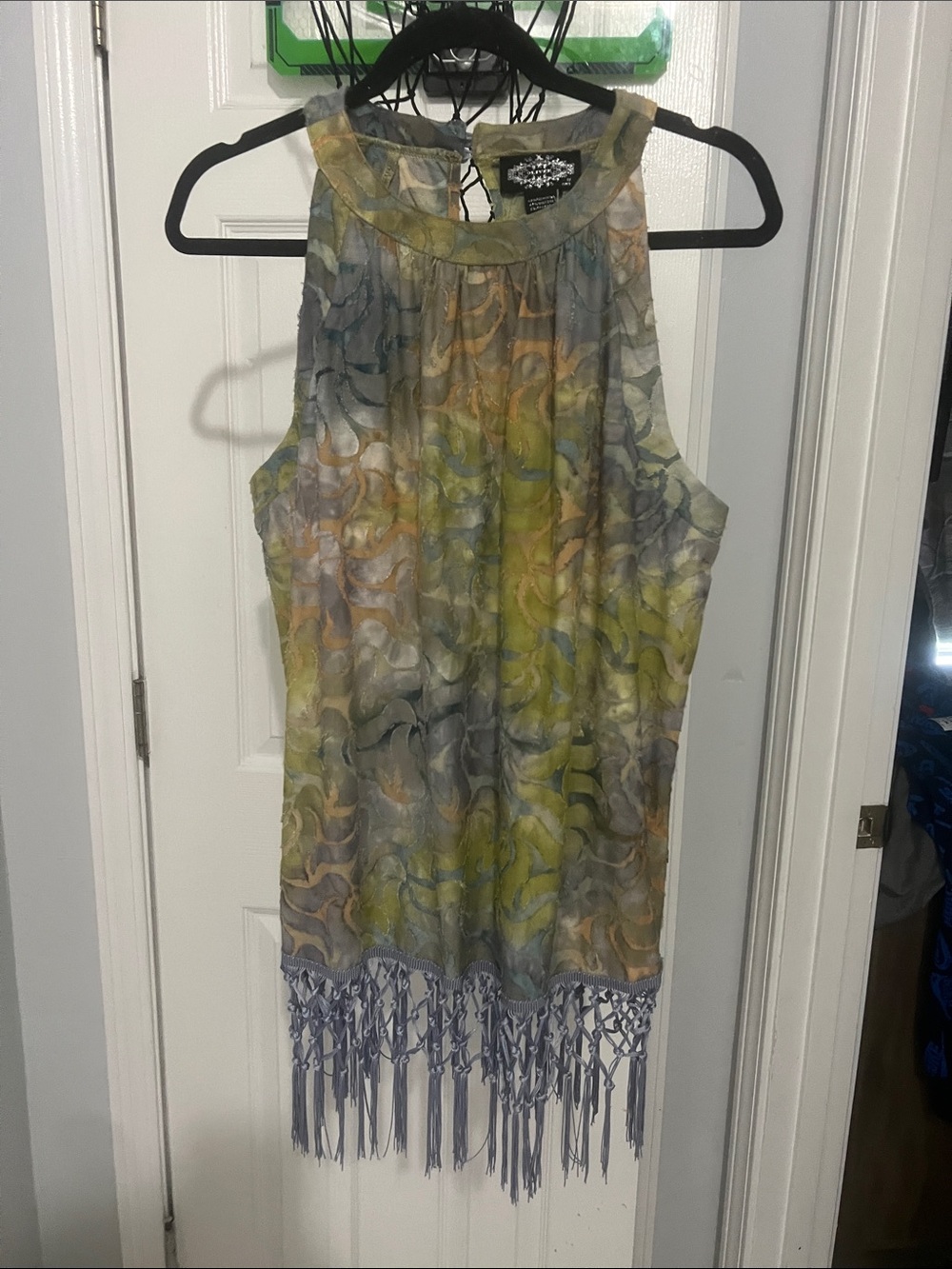 Anthropologie Multicolor Watercolor Fringe-Hem Halter Tank